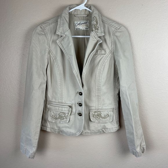 Aeropostale Cotton Embroidered Blazer Jacket Womens S Tan Cream 3 Button Pockets - Picture 10 of 13